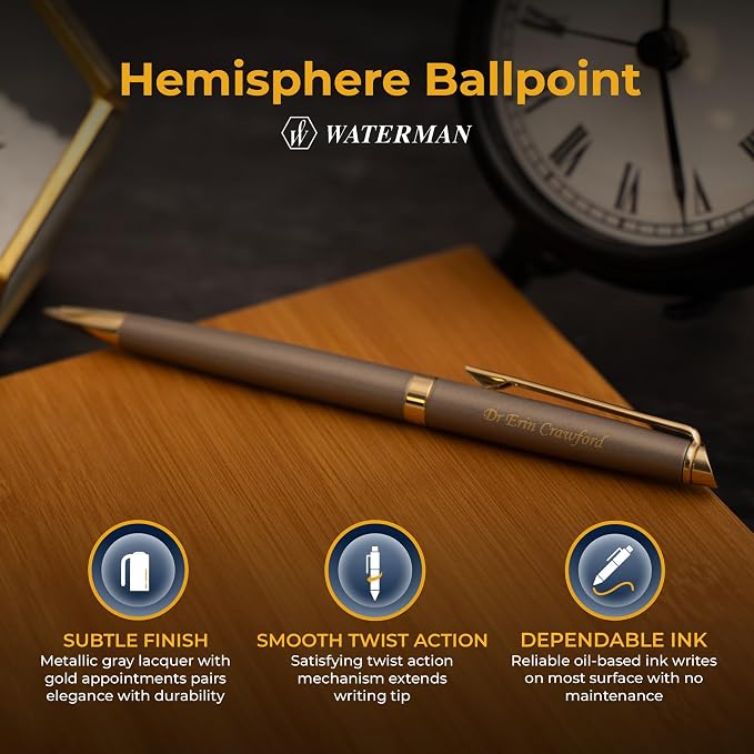 Waterman Hemisphere Engraved Ballpoint Pen, Metallic Grey with Gold Trim, Twist Action, Blue Ink, Personalized Gift for Executives, Retirement, Board Members, Career Advancement, Waterman Gift Box