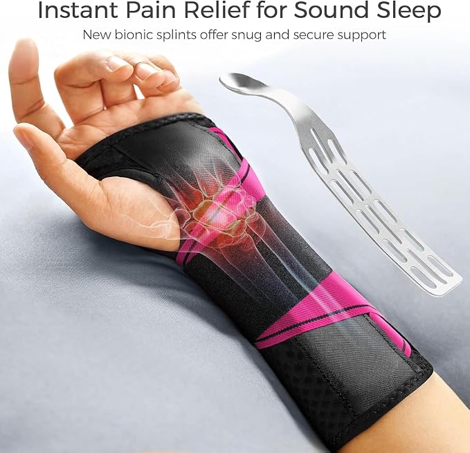 FREETOO Carpal Tunnel Wrist Brace Night Support Fit Right Hand for Work, Pain Relief Wrist Splint for Tendonitis, Sprain, Strain, Rigid Hand Brace for Arthritis for Women Men (XS, Black/Pink)