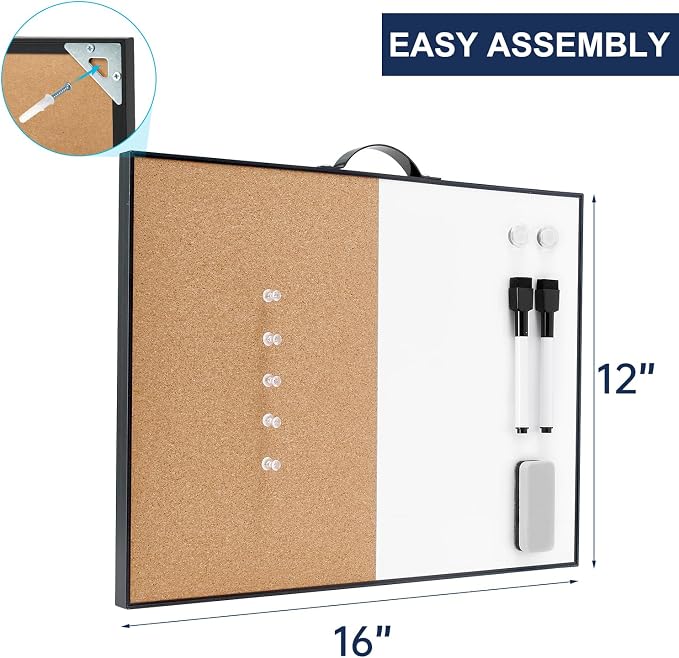TSJ OFFICE Small Whiteboard Cork-Board - 12" X 16" Portable Aluminum Black Framed Magnetic Dry Erase Board for Wall, Small Bulletin Cork Board with Holder for Office, Home and School