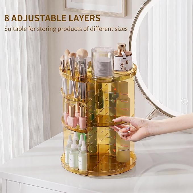 Rotating Makeup Organizer, DIY 8 Adjustable Layers Spinning Skincare Storage, Cosmetic Display Case with Brush Holder and Perfume Tray, Multi-Function Vanity Bathroom Countertop Organizer Clear Gold