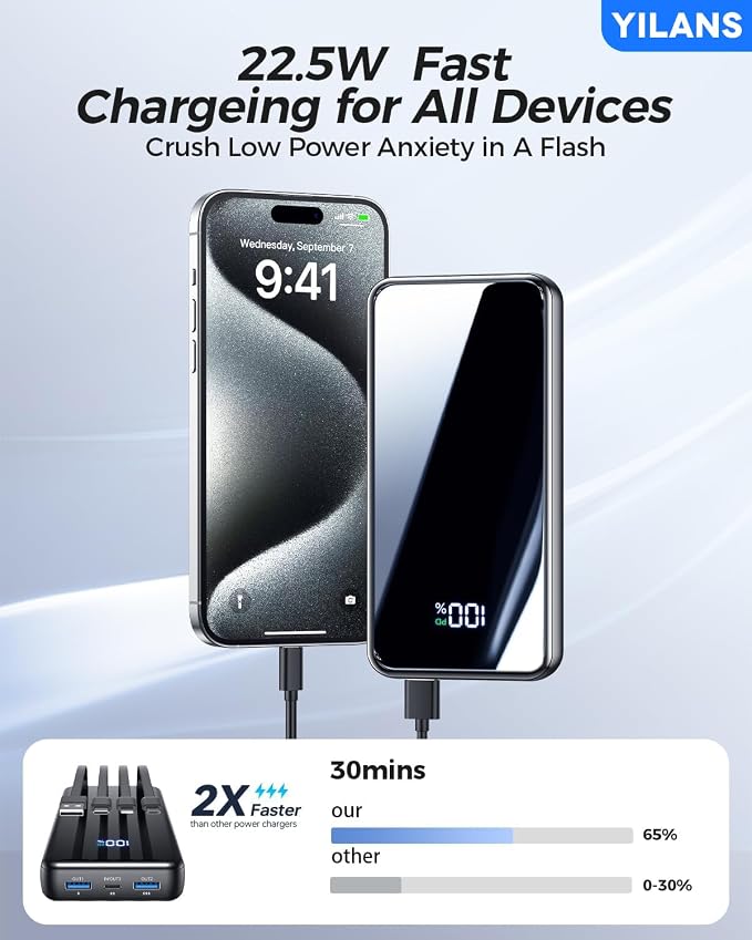 Portable Charger,50000mAh Power Bank Built-in Cable, 22.5W PD USB C In & Out Fast Charging, External Battery Pack with 6 Output & 2 Input, Travel Phone Charger for iPhone 17/16/15/14/13/12(Black)