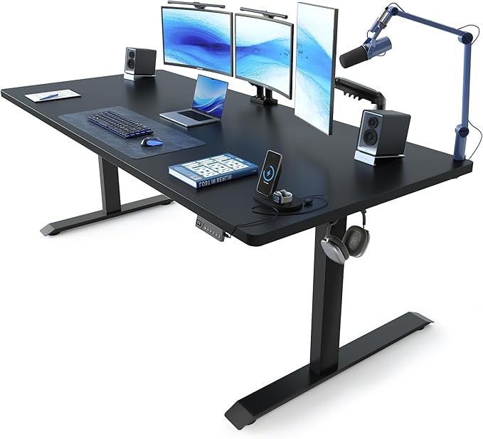 FEZIBO 63 x 37 Inch Electric Standing Desk with Integrated Dual-Beam & Cable Management, Memory Height Adjustable Computer Desk for Home Office Workstation, 1" Thick Large 3-Piece Tabletop Black