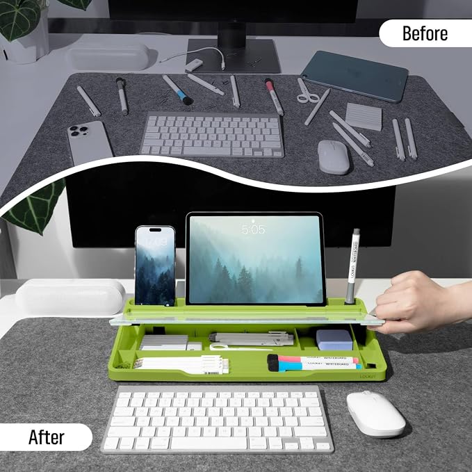 LOUKIN Glass Desktop Whiteboard, 15.3" x 5.6" Dry Erase Desk Board with Dotted and Graduated Surface, Desktop Buddy, Great for Design and Drawing, 3 Markers and 1 Dry Erase Eraser Included (Green)