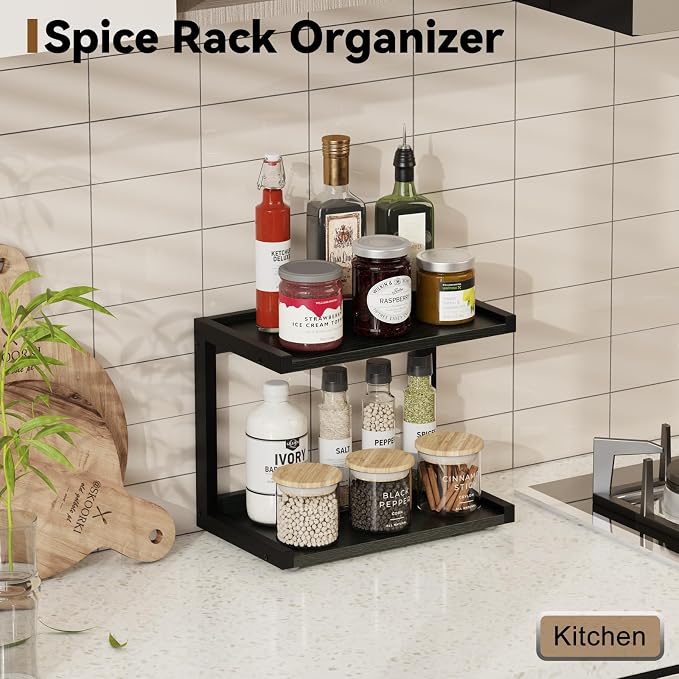 MARTY Kitchen Counter Shelf Organizer, 2 Tier Coffee Station/Bar Organizer | Spice Rack for Countertop, Mugs Cups, Desk Shelf Riser, Bathroom Counter Organizer, Wood+Metal, Black