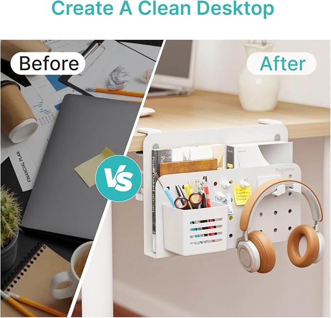 PEGZONE Desk Side Storage Organizer, Fits Flat Edge 0.4" to 2.2", White | No Drill Under Desk Laptop Holder, Clamp on Desks Shelf with Pegboard Accessories, Hanging Laptop Mount