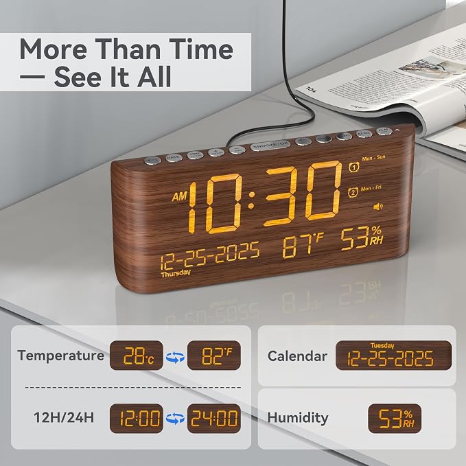 Mesqool Digital Alarm Clock with Temperature & Humidity | Dual Alarms, Calendar clock, Loud Volume, USB & Type-C Charging, 5-Level Brightness for Bedroom & Office