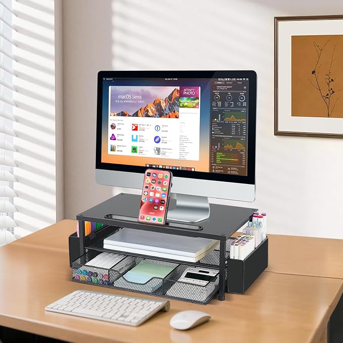 AUPSEN Wood Computer Monitor Stand Riser, 2-Tier Black Desk Organizer with Drawer, Pen Storage & Phone Holder ，Office Desk Accessories Desktop Organizer for Office Supplies