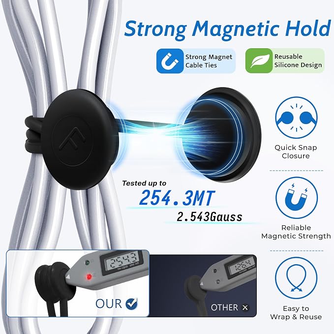 COOLMI Magnetic Cable Ties 12 Pack, 6.88 Inch Reusable Silicone Cord Organizer Wraps, Magnetic Cable Straps for Charging Cords, USB Cables, Earbuds, Travel, Black & Assorted