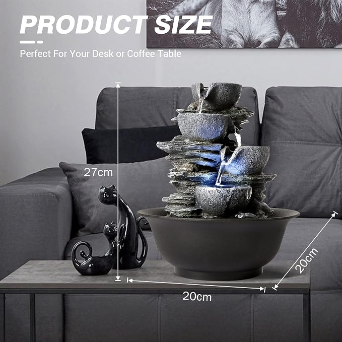 WICHEMI Tabletop Fountain Warer Fountain Indoor Waterfall Fountains | Indoor Fountain, Indoor Water Feature, 4-Tiers Stacked Rock Zen Meditation Desktop Fountain with Light for Home Office Decor