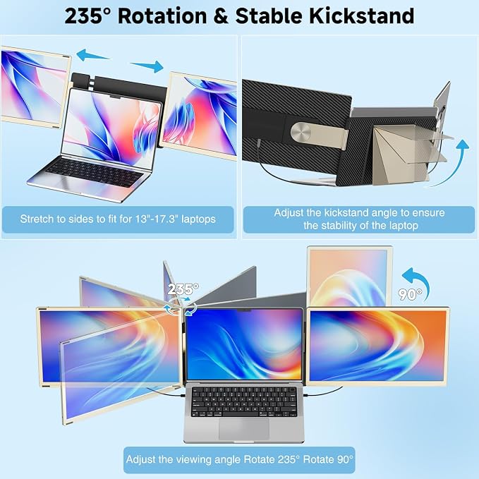 KEFEYA Laptop Screen Extender 15.6", FHD 1080P Portable Triple Monitor for Laptops 13-17.3", 120% sRGB 235° Rotation Detachable Laptop Monitor Extender for Windows/Mac/Dex/Chrome/Surface, Plug n Play