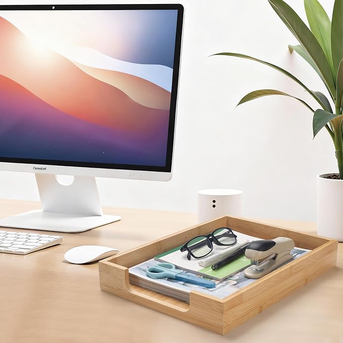 Bamboo Letter Tray, Wood Desk Tray, Wooden Desk Organizer, A4 Paper, Document, File, Mail, Magazine Storage Basket for Office, Classroom, Home Desktop