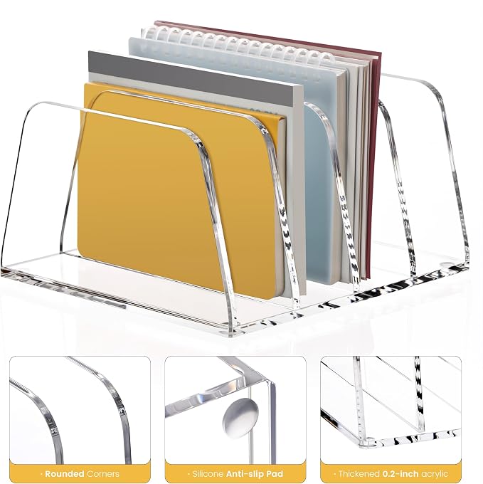 YUXUN Acrylic File Sorter,6.9"x6.6"x3.74",4 Sections Vertical Desk Organizer,Clear Mail Organizer File Holder Stand Rack Desk Accessories for Mail,Envelope,Letter,Notebook for Home/Office/Classroom
