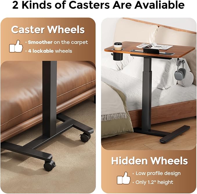28" Mobile Standing Desk with Drawer, Portable Laptop Desk | Rolling Desk with Cup Holder and Hooks, Height Adjustable Computer Cart with Storage, Lockable & Hidden Wheels, Dark Wood