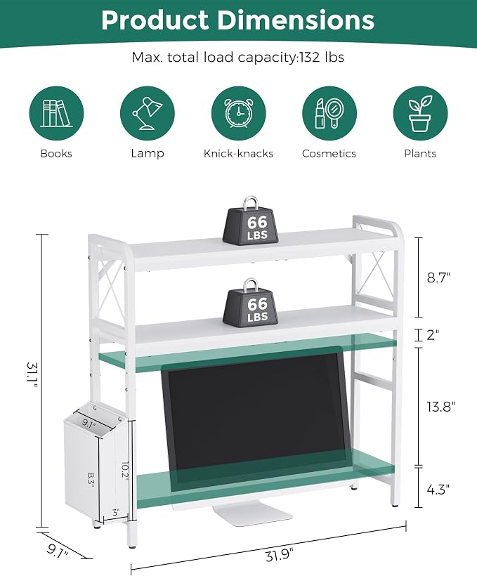 Desk Hutch Dorm with Adjustable Shelves and Side Pockets | 2-Tier Desktop Bookshelf Organizer, Monitor Stand, Large-Capacity Display Shelf Rack for Home Office or Study, White