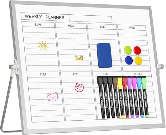 Magnetic Dry Erase White Board with Stand, 12'' x 16'' Desktop Weekly Schedule Board, 10 Markers, 4 Magnets, 1 Eraser, Double-Sided White Board Easel for Drawing School to Do List