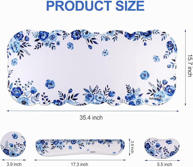 Petmolico Desk Pad Set with Wrist Rest for Keyboard & Mouse, Blue Flower | Anti-slip PU base, durable Lycra & memory foam, relieves wrist fatigue, perfect for work, home & daily use