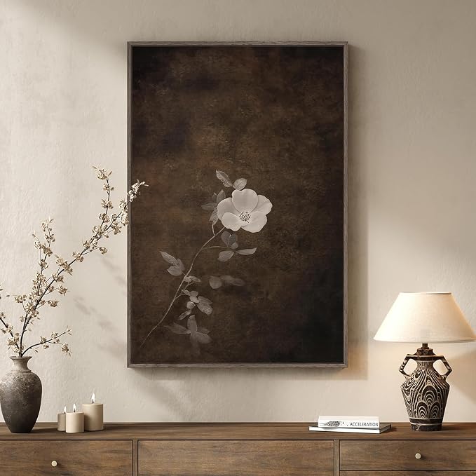Framed Vintage Floral Vertical Wall Art, Moody Neutral Minimalist Botanical Canvas Artwork, Retro Rustic Brown Wabi Sabi Dark Flower Painting Prints for Living Room Bedroom Hallway Wall Decor, 24x36