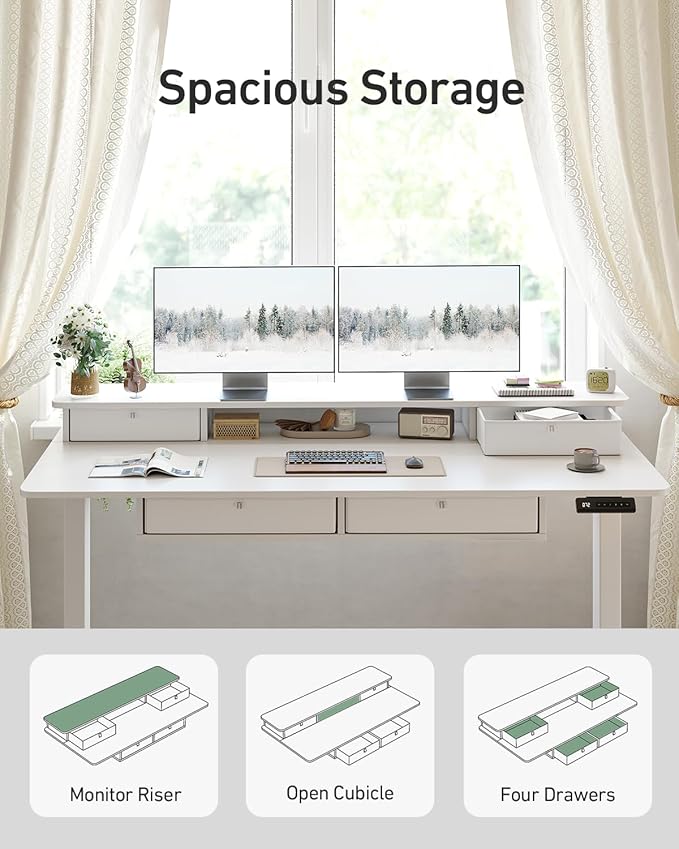 CubiCubi 48" x 24" Standing Desk with Drawers, Electric Height Adjustable Workstation, Computer Sit Stand Up Office Table with Large Storage Shelf, 4 Drawers and 2 Hooks, Warm White