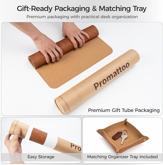 Premium Faux Leather Desk Mat & Tray Set，Innovative Cork-Look Printed Base，Gift Tube Packaging，Full-Desk Coverage，Non-Slip Desk Pad for Office Home（Cognac Brown）