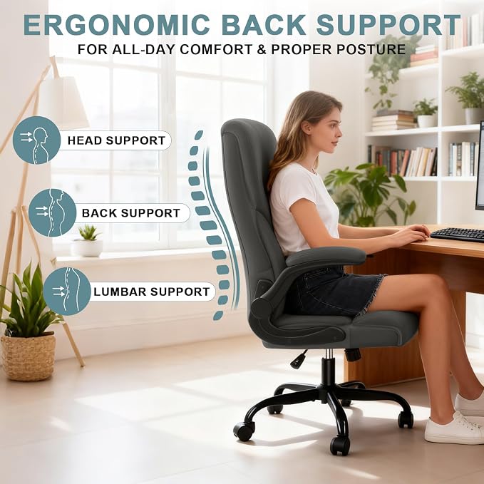 Executive Office Chair,High Back Ergonomic Comfy Desk Chair with Padded Flip-up Armrests and Wheels,PU Leather Heavy Duty Computer Swivel Rolling Task Chair for Home Office,Adults,Gray