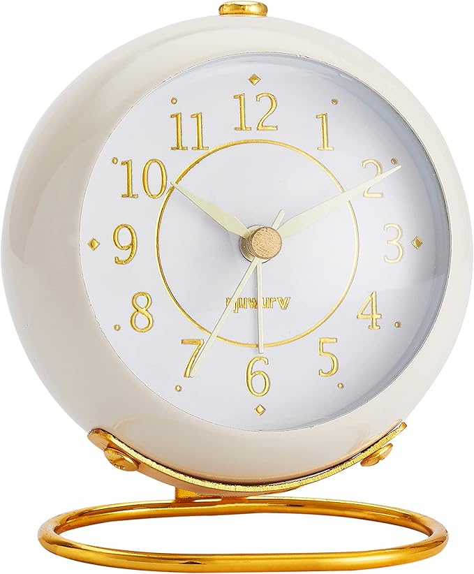rjuwurv Metal Desk Clock, Retro Bedroom Table Vintage Analog Alarm Clock, Silent Non-Ticking Gold Clock, Bedside Décor(Milk White)
