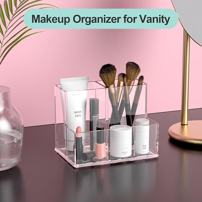 Clear Pen Holder for Desk, Small Acrylic Pencil Holder, Compact Makeup Brush Holder Organizer for Vanity, Pen Pencil Organizer Cup, Office Desk Organizer and Accessories, 3 Compartment Design