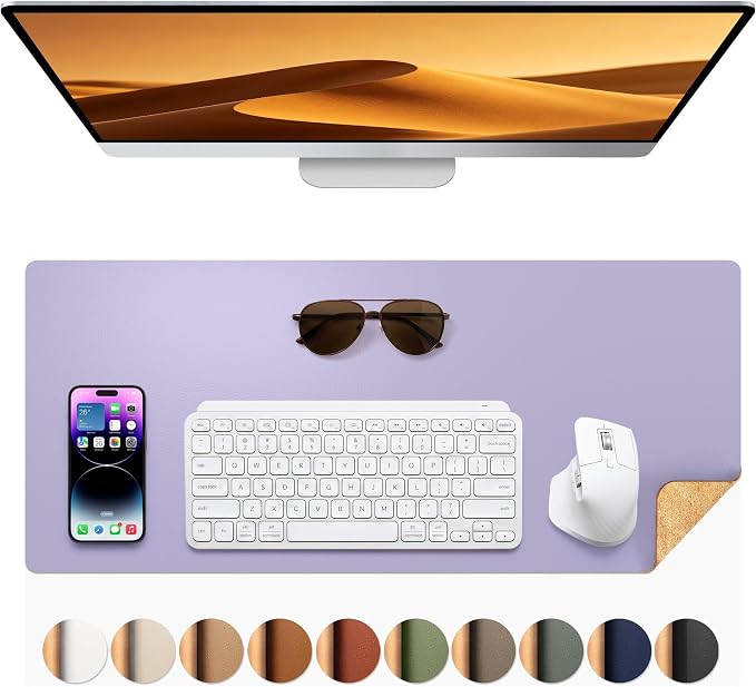 Aothia Dual-Sided Desk Mat, FSC Cork & PU Leather Desk Pad, Large Mouse Pad & Writing Surface for Compact Workspace, Non-Slip Waterproof Desk Protector - 25.6" x 13.7", Light Purple