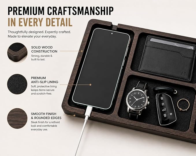 Desk Organizer Tray for Men with Ceramic Pen Holder, Wooden Valet Tray, Minimalist EDC Desk Organizer for Phone, Wallet, & Keys, Nightstand Bedside, Entryway, Birthday Gift for Him
