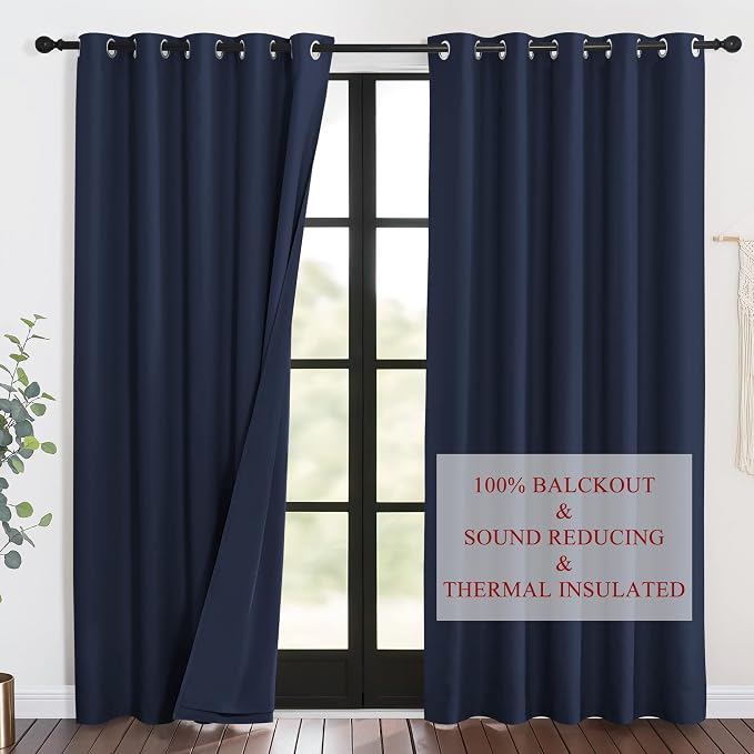 NICETOWN Sound Blocking Black Out Curtains for Patio Door, Heavy-Duty Space Divider Curtains for Living Room, Lined Insert Noise, Blackout, Thermal Insulation Drapes for Closet (Navy, 84-inch Long)