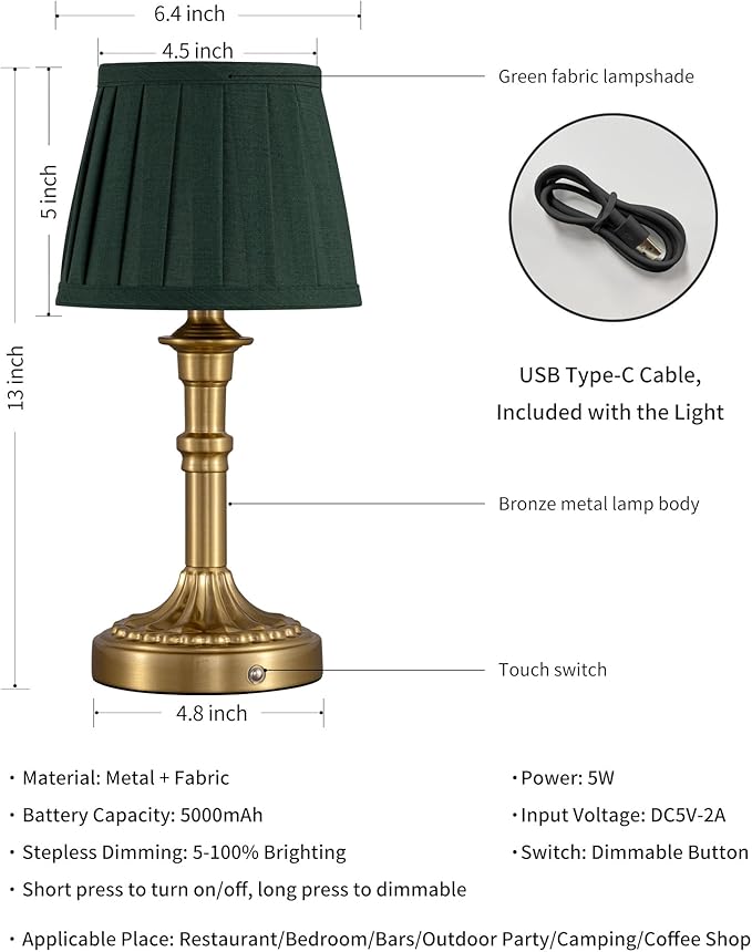 KDG Gold Cordless Table Lamps Set of 2, Green Fabric Shade Small Desk Lamp | Portables, 5000mAh Battery Powered, LED Lighting, 2700K Stepless Dimmable, Light for Living Room, Dining Room, Bedroom