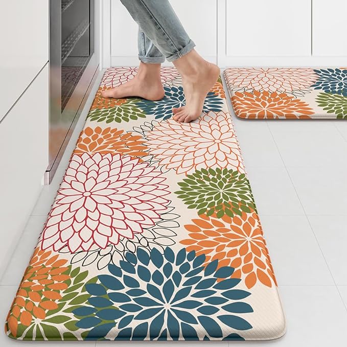 KIMODE Anti Fatigue Kitchen Mats for Floor 2PCS, Cushioned Standing Mats | 17"x47"+17"x29",Dahlia Floral,orange, Boho Floor Mats set of 2,Non Slip,Waterproof,Comfort Mat for Sink Office Laundry home