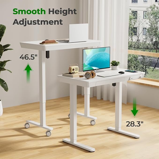 Electric Standing Desk with Drawer, 35" x 20" Whole Piece Tabletop Small Sit Stand Desk, Height Adjustable Desk with Storage & USB Ports, Quick Install Home Office Computer Desk, White