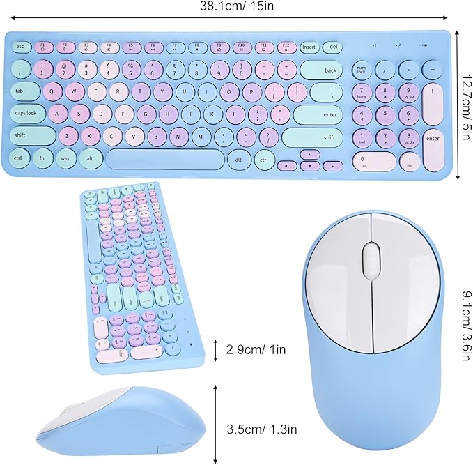 Wireless Keyboard and Mouse Combo, Retro Typewriter Keyboard with Round Keycaps, 2.4GHz USB Cute Wireless Keyboard Mouse for Computer, Desktop, Laptop and Computer (Rainbow Blue)