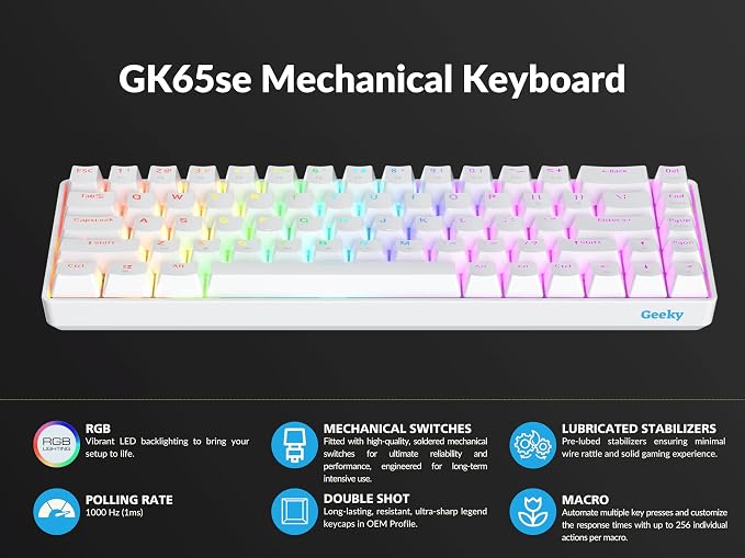 Geeky GK65 SE 65% | Mechanical Gaming Keyboard | 68 Keys Multi Color RGB LED Backlit for PC/Mac Gamer | ANSI US American Layout (White, Mechanical Black)