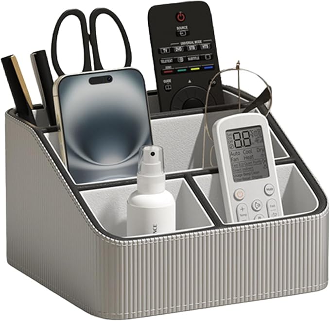 Buqoo Grey PU Leather Desk Organizer with Gold Accents | 4-Compartment Remote Holder & Stationery Caddy for Office/Nightstand (6.89in×6.69in×3.94in)