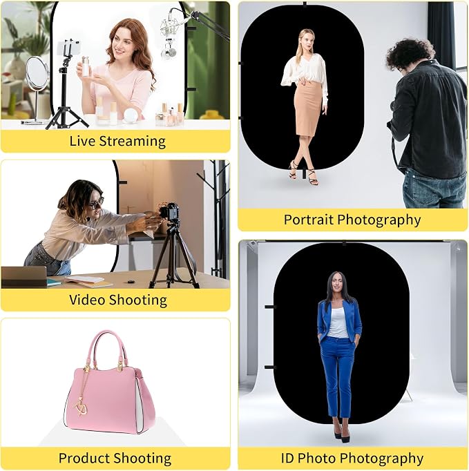 Meking 5x6.6ft Black White Background for Photography, Pop-Up Collapsible Backdrop 2-in-1 Muslin Self Tape Backdrop with Clip and Carry Case
