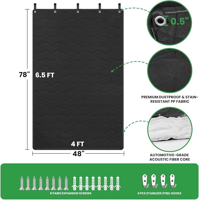 Soundproof Curtain 48" × 78" – Lightweight Automotive-Grade Acoustic Sound Dampening Blanket with Grommets, Hanging Loops & Wall Hooks, Noise Blocking for Windows, Rooms, Offices & Home Studios, Black