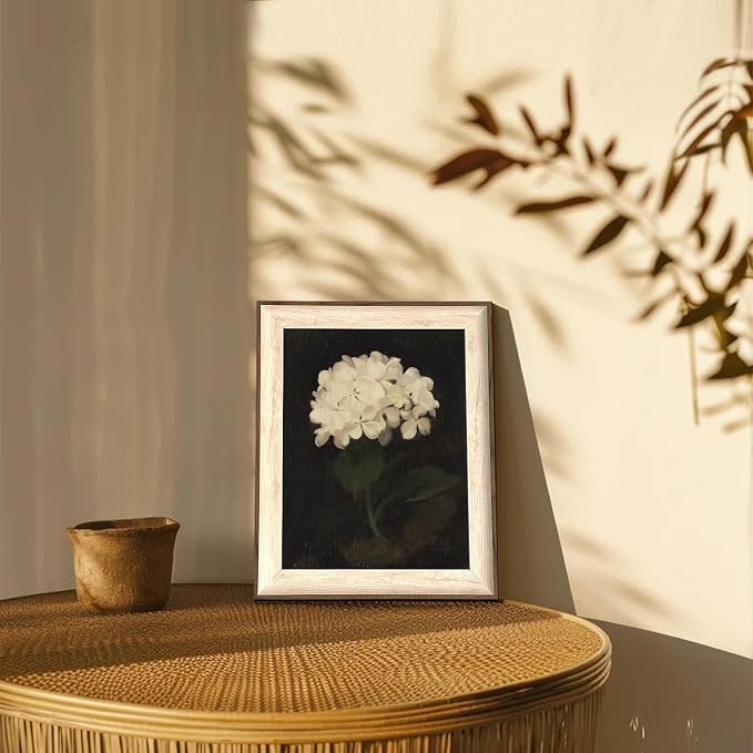 Framed Flower Wall Art, Vintage White Hydrangea Still Life Floral Art Prints, Moody Vintage Canvas Oil Painting, Antique Botanical Floral Wall Decor Pictures for Bedroom, Kitchen, Shelf, Bathroom Wall Decor - 10x12Inch