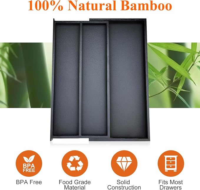 Expandable Black Bamboo Kitchen Utensils Drawer Organizer Silverware Tray | Large Cooking Utensil Tray Drawer Divider Insert Big Spatula Cutlery Holder Knife Spoon Flatware Wood Kitchen Tool Organizer