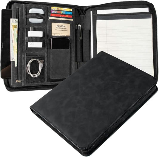 Leather Business Portfolio Organizer 13.4", Padfolio Binder for Women with Zipper, Fits 13" Laptop/Cellphone Charger Legal Pad Portfolio Document Folder ﻿ (Black)