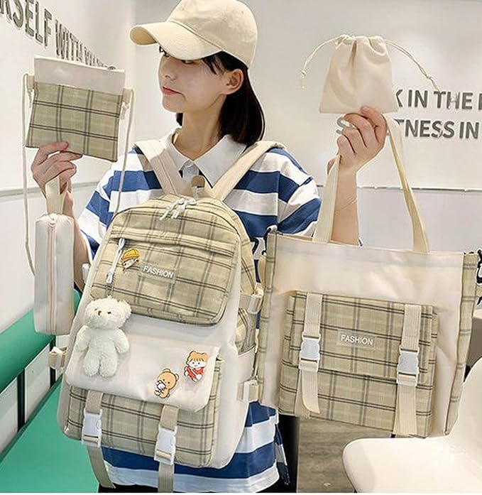 Aobiono 5Pcs Kawaii Plaid Backpack Set Aesthetic Preppy Cute Check with Pins Bear Pendant Light Academia School Supplies Kit