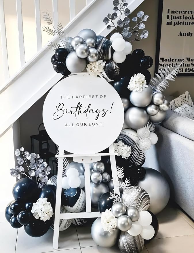 Black and Silver Balloons Garland Arch Kit, 135 Pcs Fathers Day Balloons, Metallic Silver Black White and Confetti Balloons for Father's Day Decor, Grad, Birthday, Retirement, Wedding, Anniversary