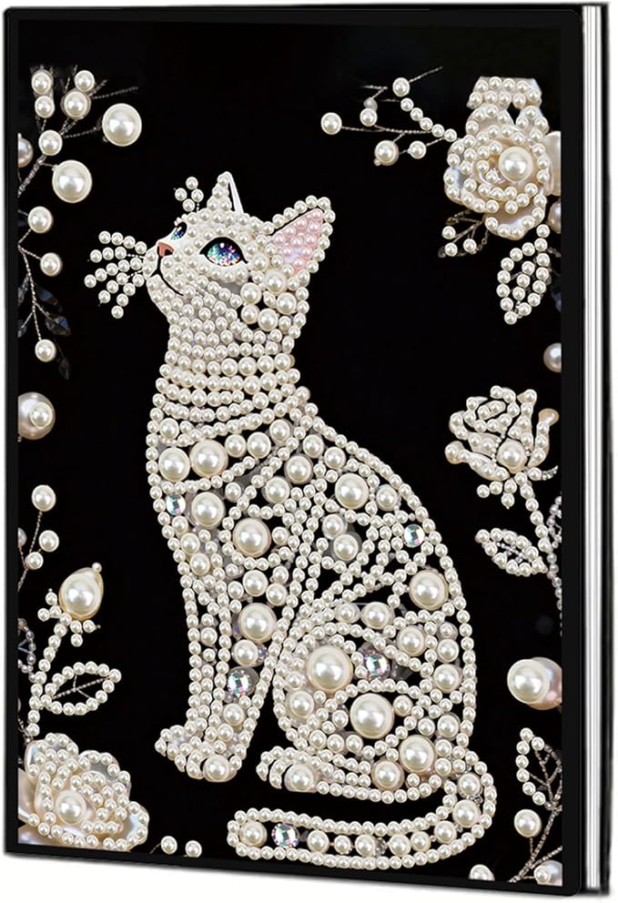 FRANDEK Pearl Painting Notebook Kit, Black and White Cat A5 DIY Journal with 50 Blank Pages, Diamond Gem Art Cover with Waterproof Canvas, Beginner Craft Set with Full Tools for Adults