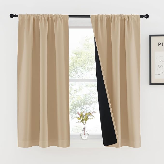 NICETOWN Biscotti Beige Kitchen 100% Blackout Curtains 48 inches Long, Rod Pocket Basement Completely Blackout Thermal Insulated Lined Drapes for Small Window (1 Pair, 37 inches Width Each Panel)