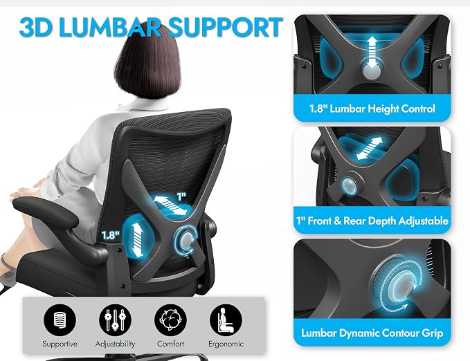 Office Chair: 330LBS Mesh Ergonomic Desk Chair Comfy with 3D Lumbar& Swivel | Ergalithic Computer Chair-Executive Task Chairs with Flip-up Arms Home Office Desk Chairs Gaming Chair for Adults(Full Black)