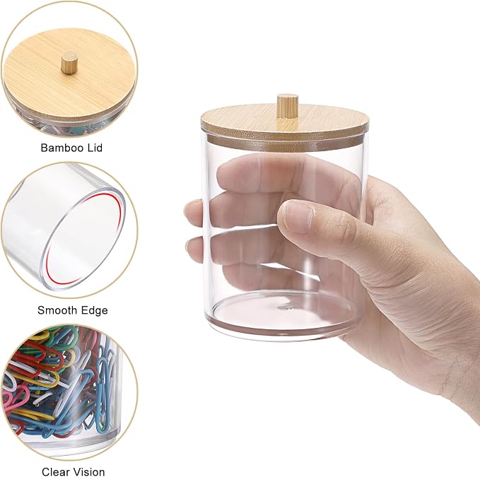 BTSKY 2 Pack Clear Paper Clip Holder with Bamboo Lid Plastic Paperclip Box Useful Office Supply Accessory Organizer Round Small Storage Holder Cute Qtip Holder for Office Bathroom Vanity