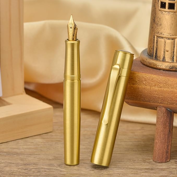 HONG DIAN M2 Mini Brass Fountain Pen with Extra Fine Soft Golden Nib, Sleek Shape Short Pocket Travel Pen (Glossy Brass)