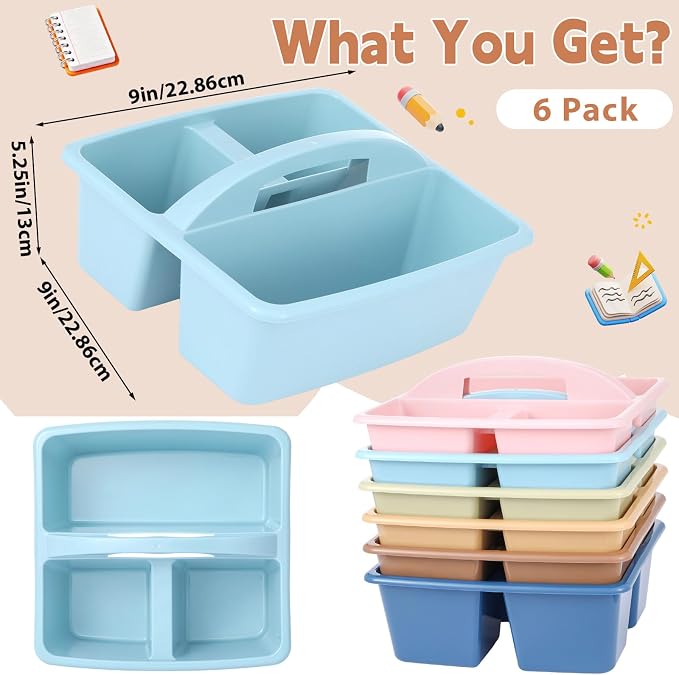 gisgfim 6 Pack Classroom Caddy with Handle Plastic Storage Caddy Organizer with 3 Compartments Desk Caddies Holder Portable Storage Bin for Pencil, Crayon, Marker, Home, Office, School Supply(Retro)