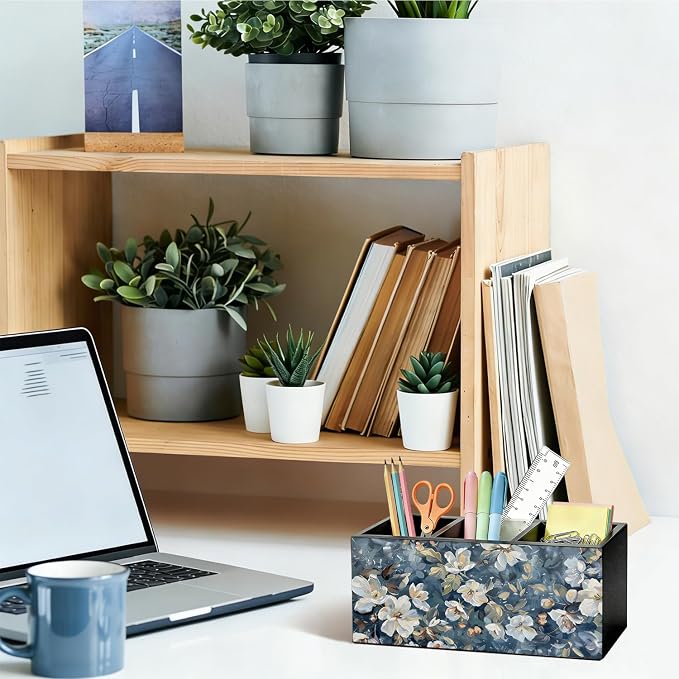 Dark Blue Floral Pen Pencil Holder for Desk, Academia Cottagecore Botanical Flower Wooden Box Sign Organizer for Home Room Office Bedroom Desk Accessories Tabletop Decorations