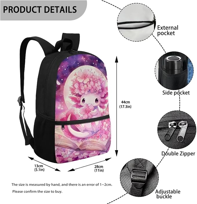 WELLFLYHOM 6-8 Girls Cherry Blossom Axolotl School Bookbag Set Kids | Moon Backpack and Lunchbox Pencil Case Water Bottle Lightweight Daypack Gift for Back to School Season
